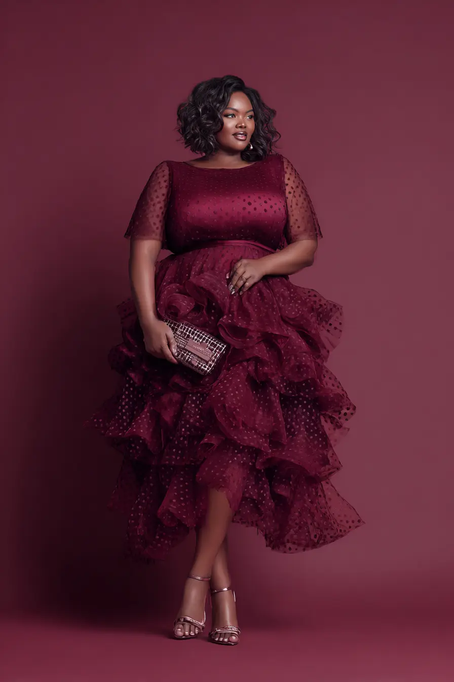 Wine Red Tiered Chiffon Dress with Polka Dot Detail