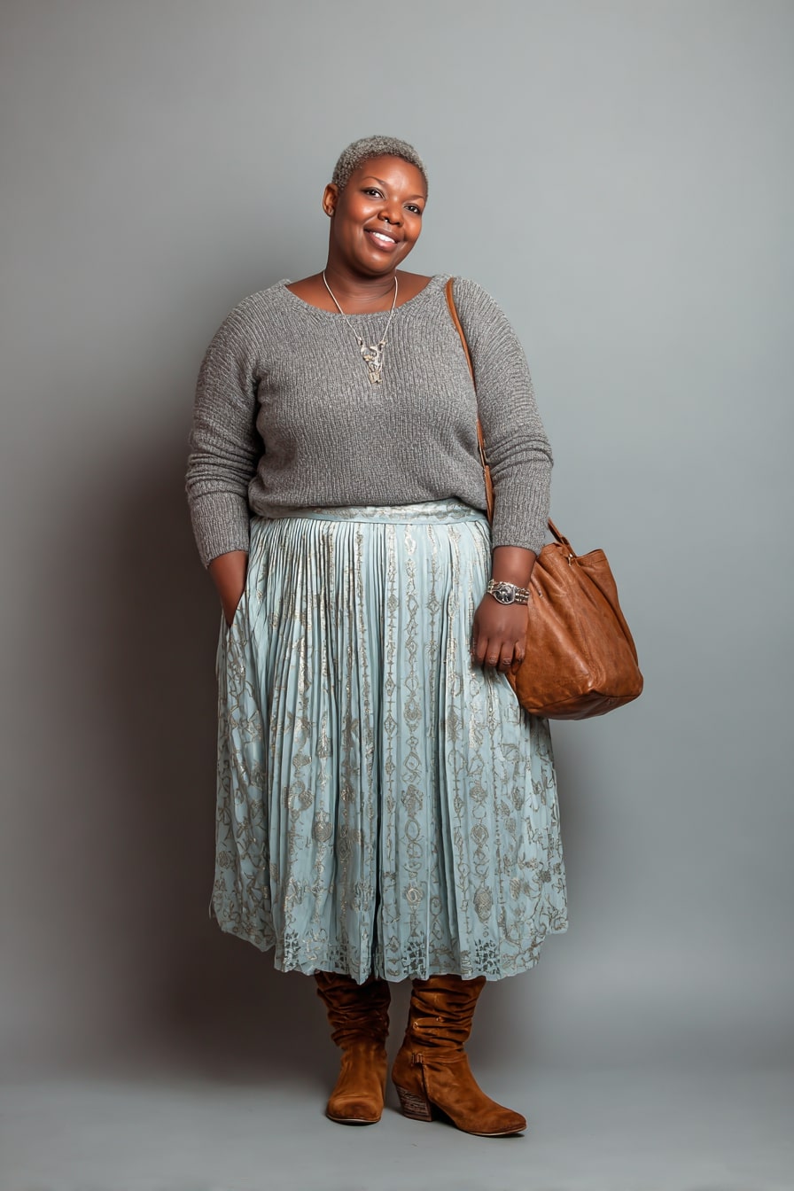 Pleated Pastel Skirt with Cozy Knit Sweater
