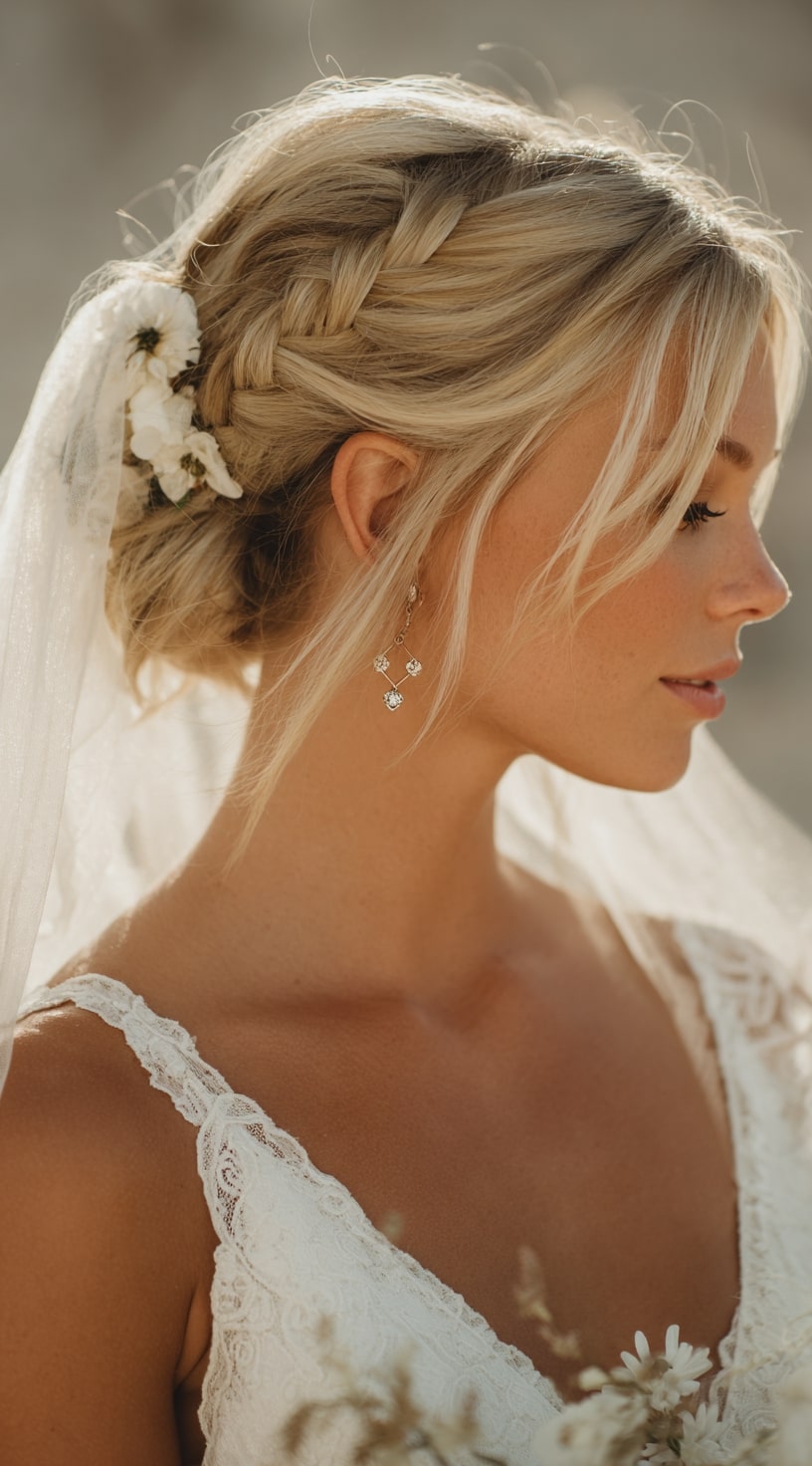 Braided Low Bun with Floral Touch