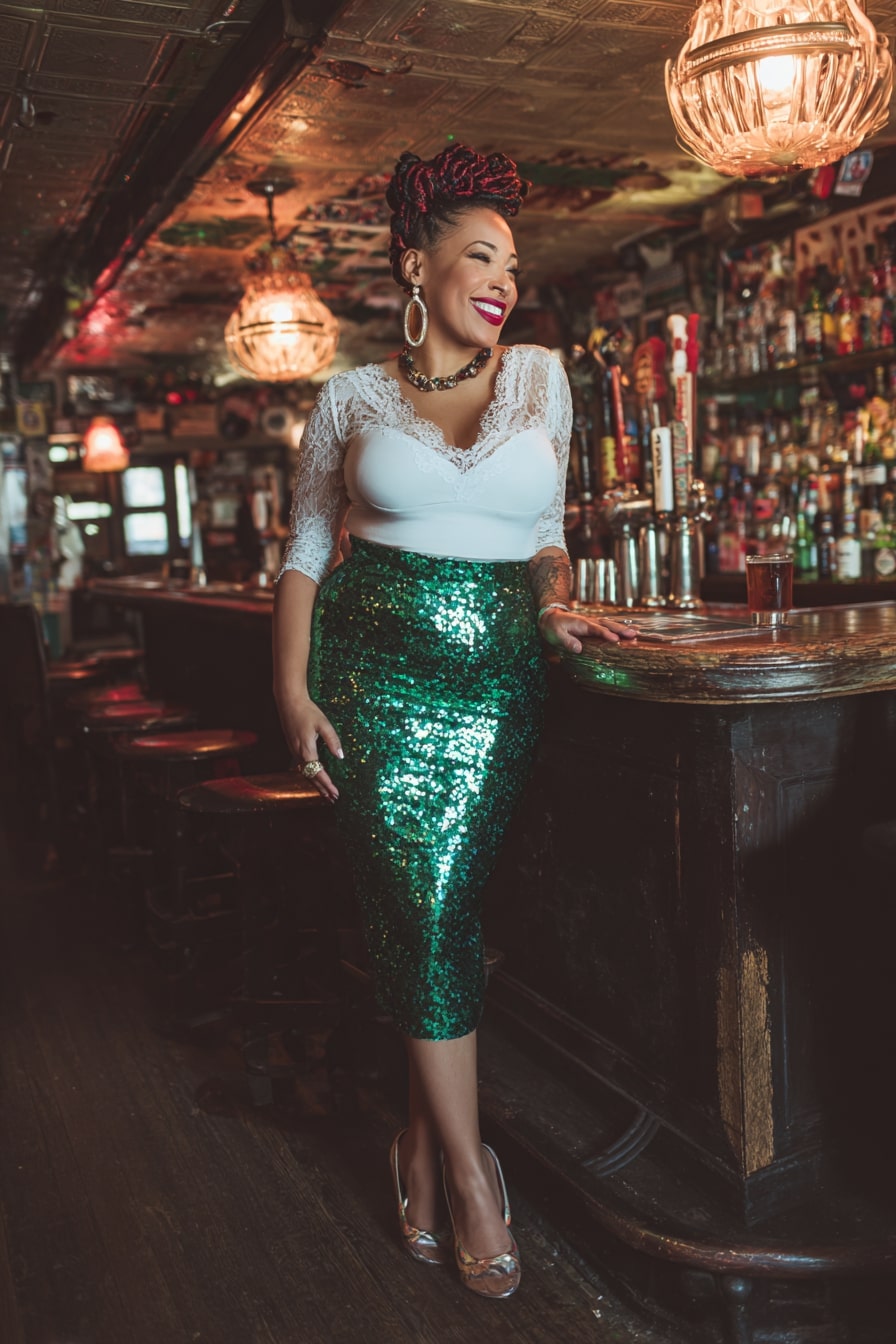 Lace Bodysuit + Emerald Sequin Pencil Skirt