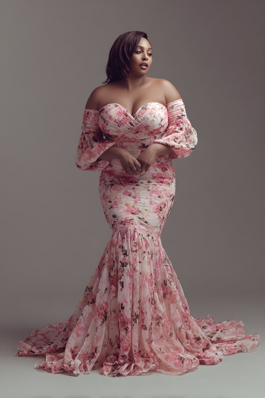 Off-Shoulder Floral Gown + Flowing Mermaid Skirt