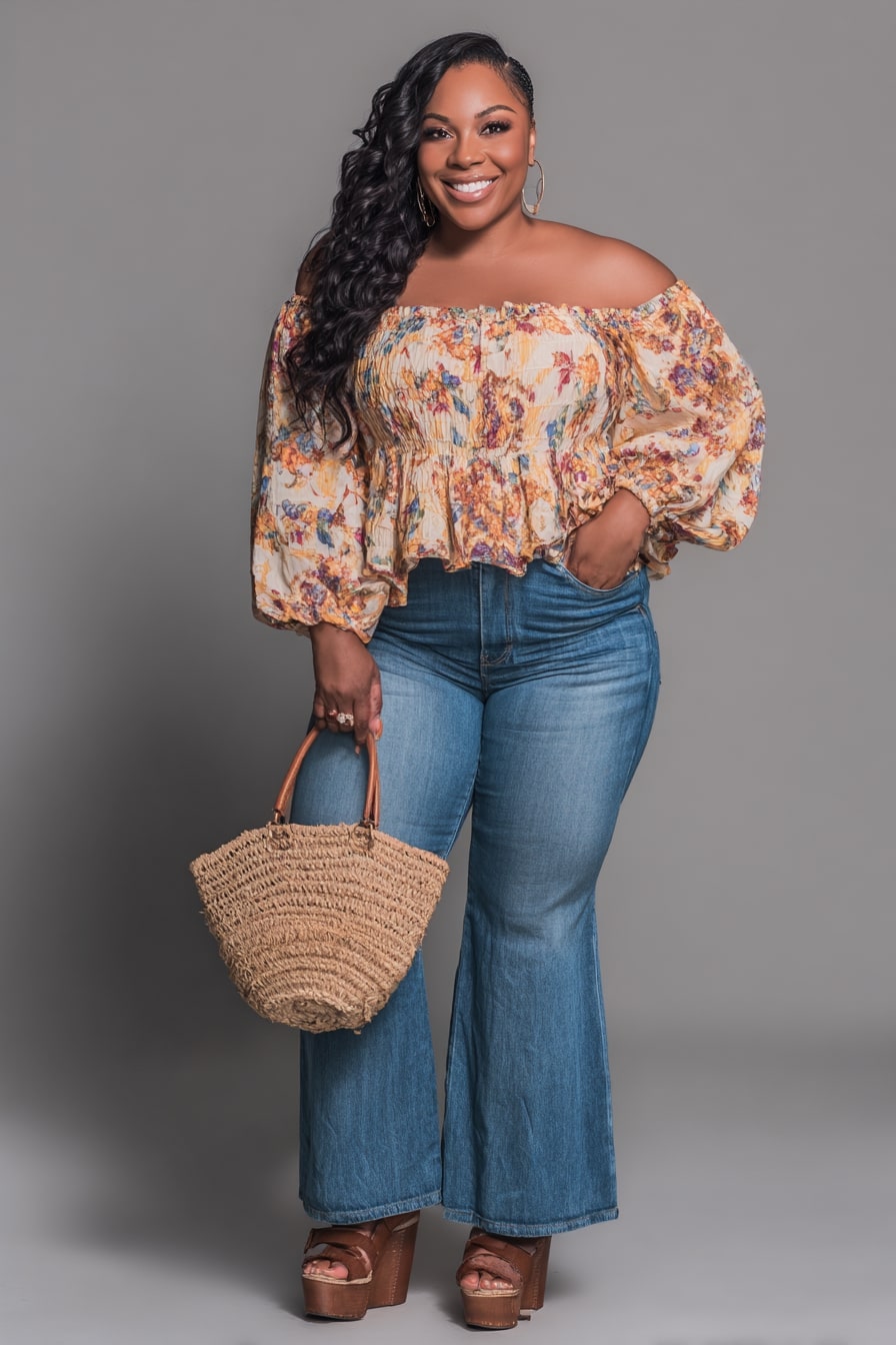 Smocked Peasant Top + High-Rise Flare Jeans