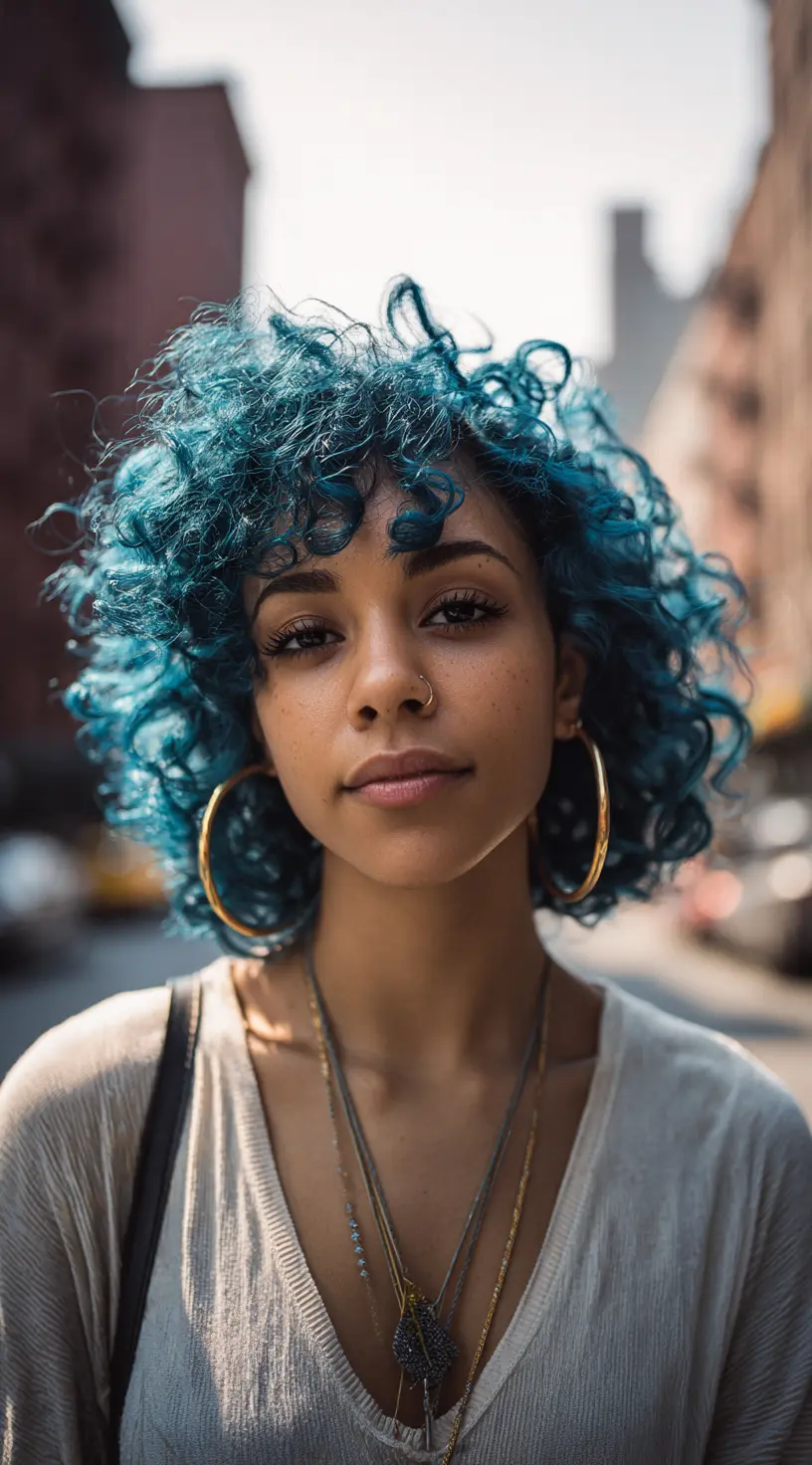 Street Style Electric Blue Balayage on Curly Hair