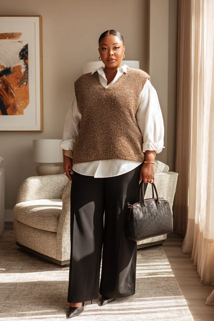 Sweater Vest with White Shirt and Wide-Leg Trousers