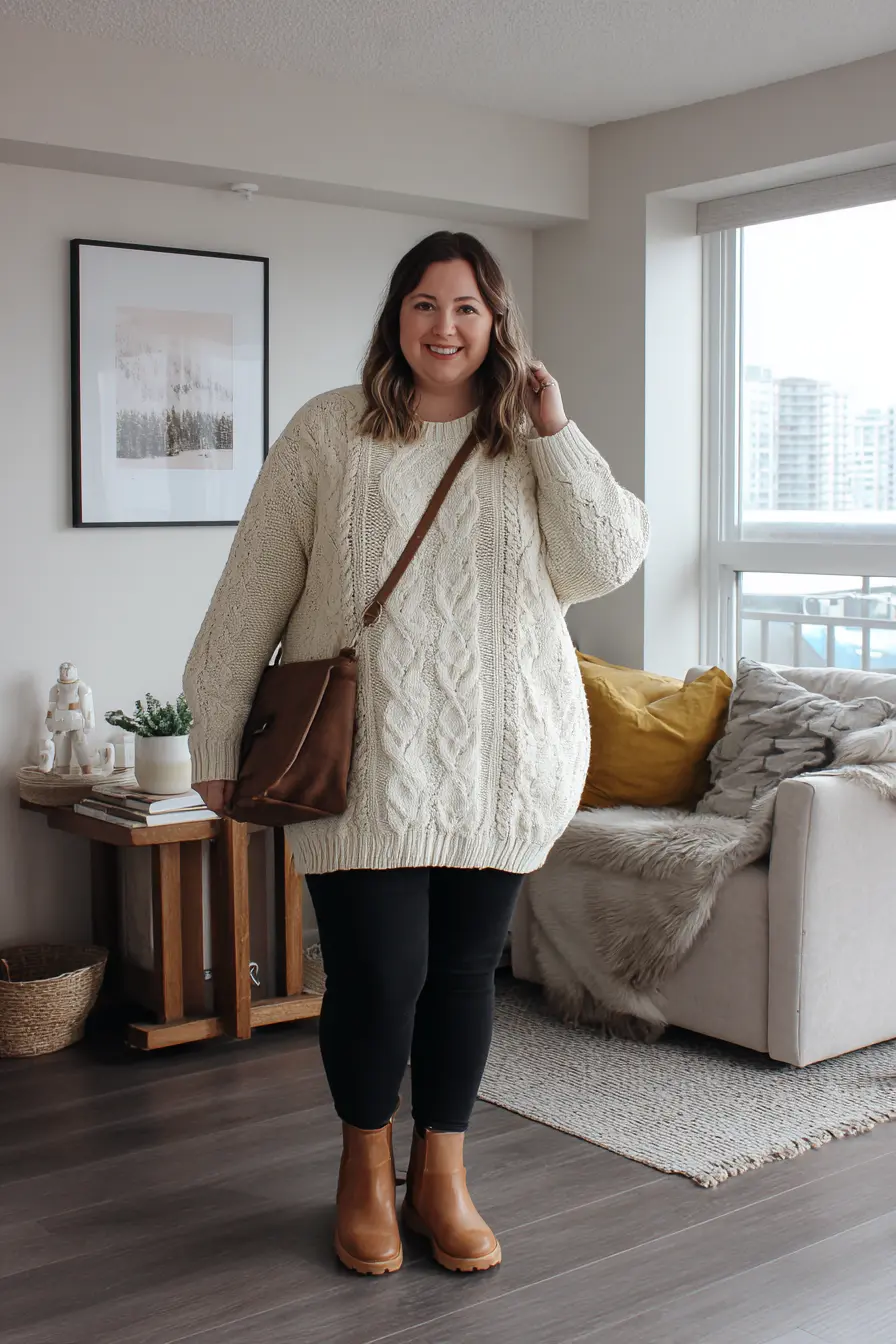 Cream Cable Knit Sweater Dress with Leggings and Boots