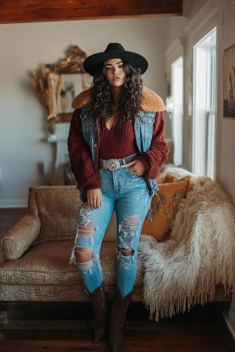 Faux Fur Trim Rodeo Outfit for Fall