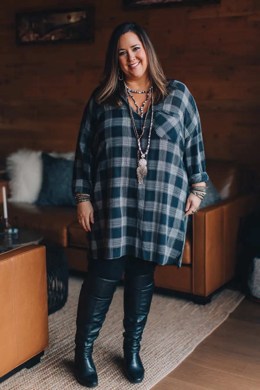 Flannel Tunic with Leggings and Over-the-Knee Boots