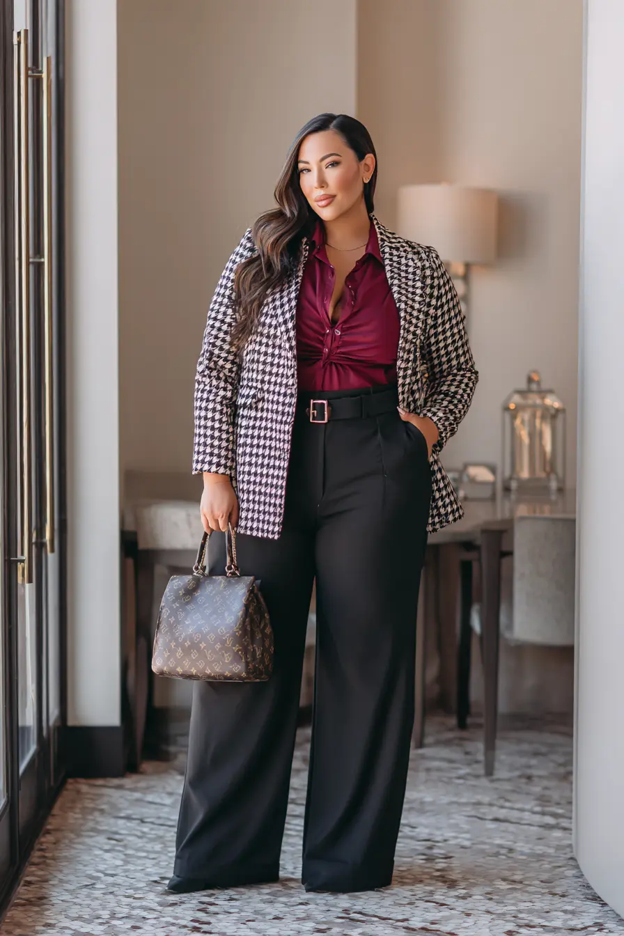Houndstooth Blazer with Burgundy Accent