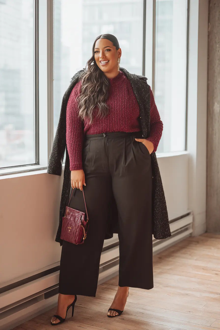 Textured Sweater with Wide-Leg Trousers