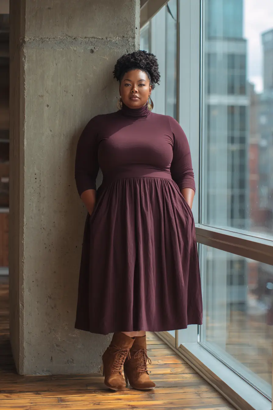 Plum Purple Midi Dress with Suede Boots