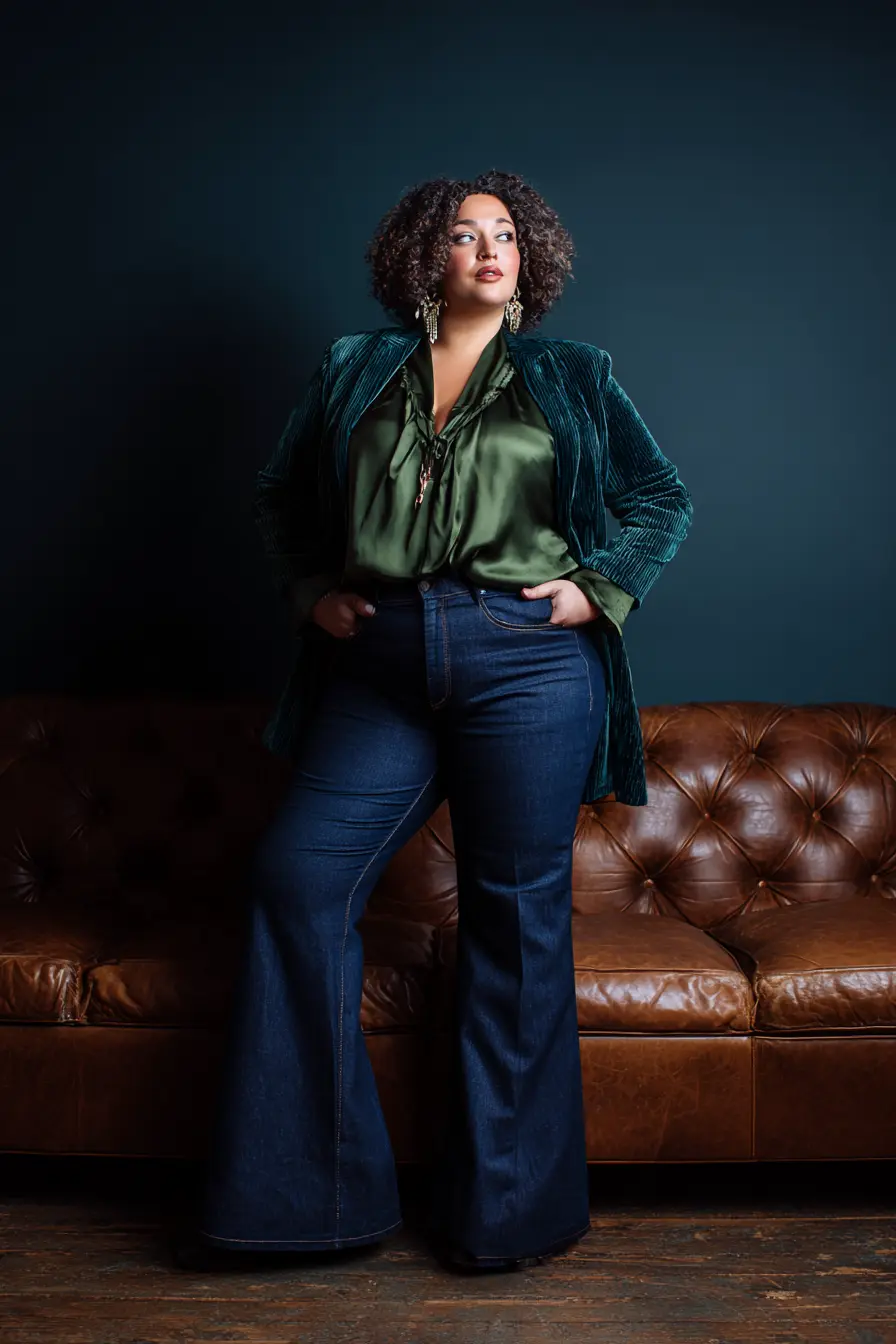 Emerald Velvet Blazer with Satin Blouse and Dark Flare Jeans