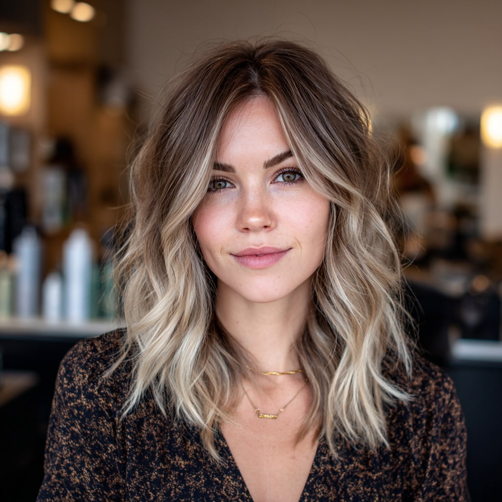 Medium-Length Layered Brunette with Honey Balayage