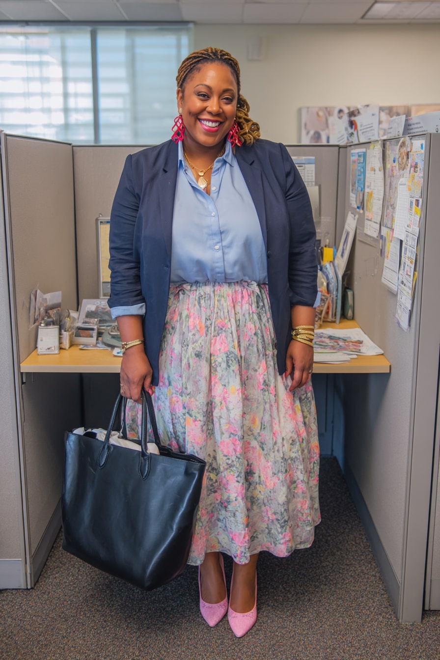 Floral Skirt with Navy Blazer