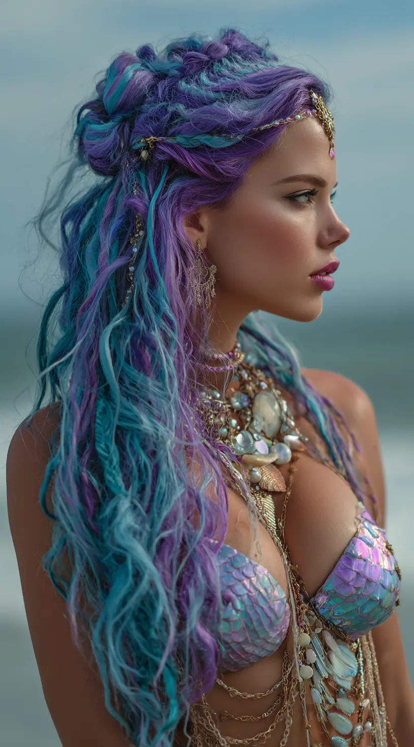 Mermaid-Inspired Electric Blue Balayage with Purple Hues
