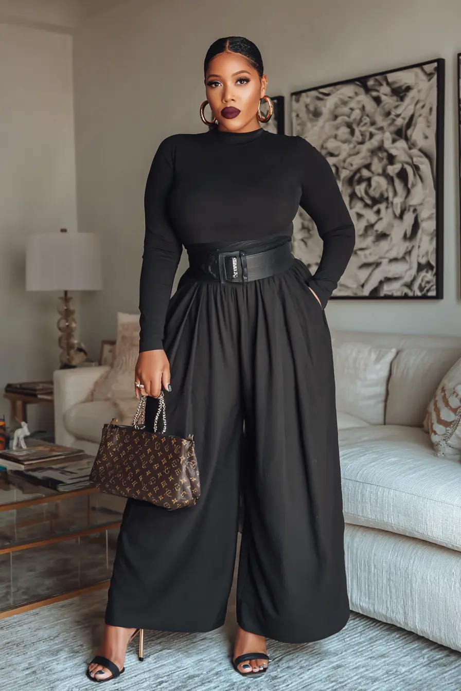 All-Black Scoop Neck Top with Palazzo Pants