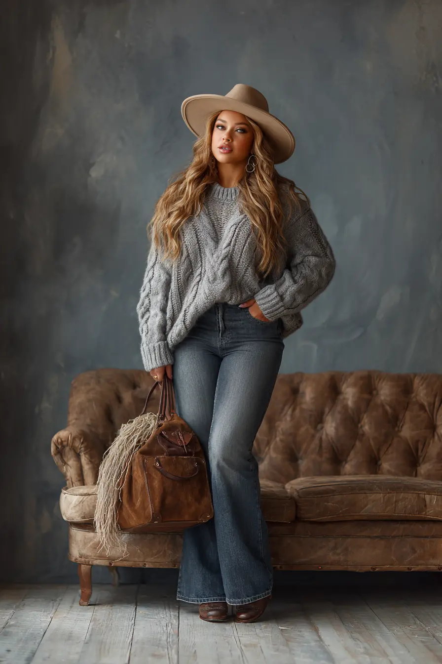 Cable Knit Sweater with Bell Bottom Flare Jeans and Felt Hat