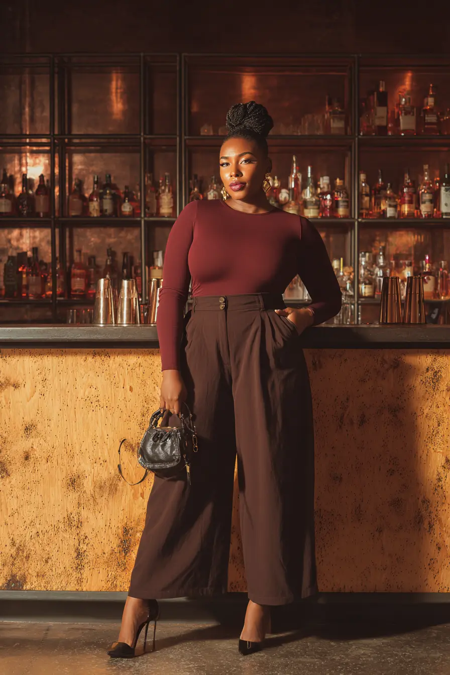 Burgundy Bodysuit with Wide-Leg Trousers