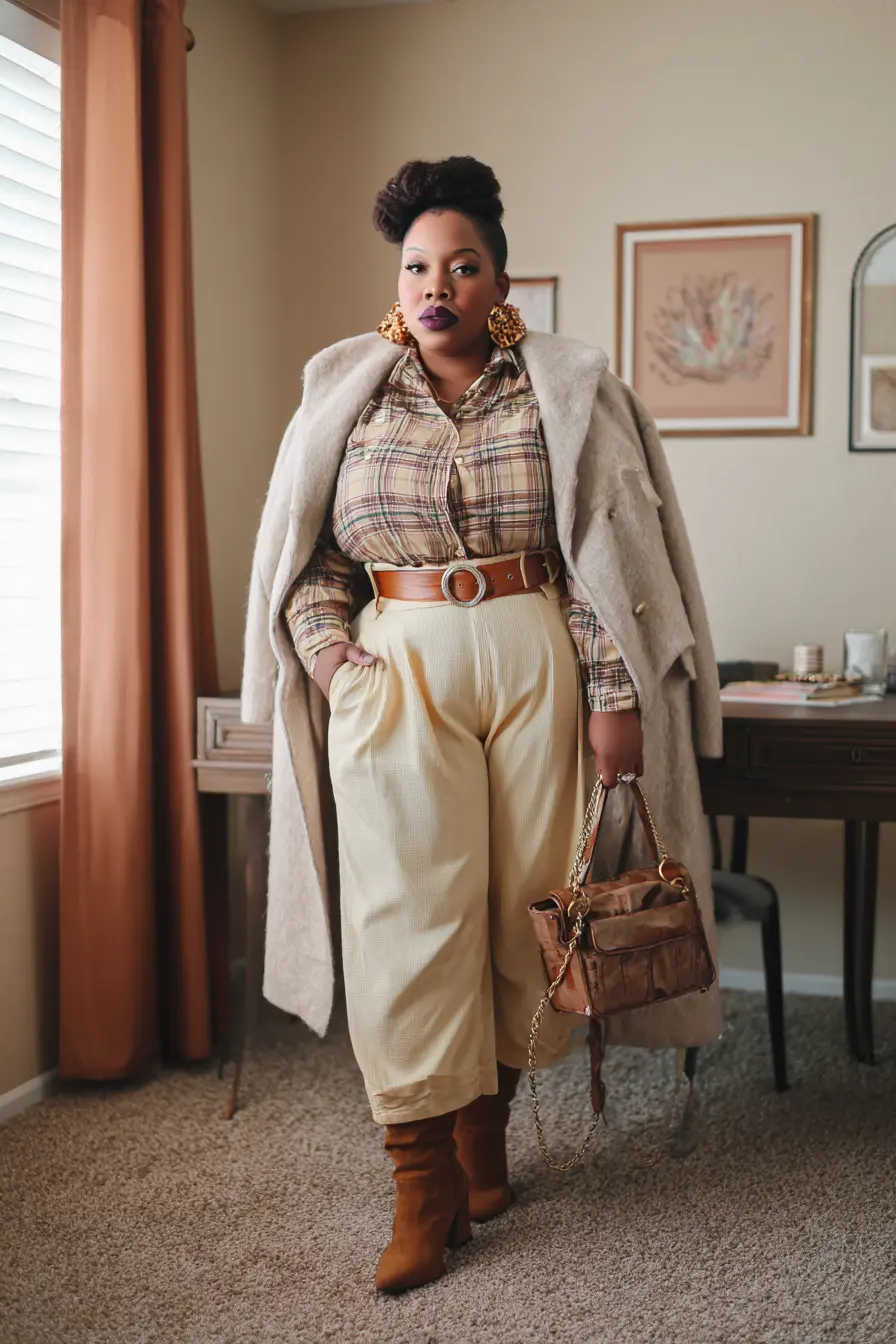 Flannel Wrap Top with Wide-Leg Pants and Long Coat