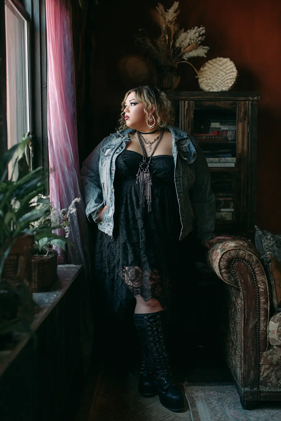 Lace Dress with Denim Witch Edge