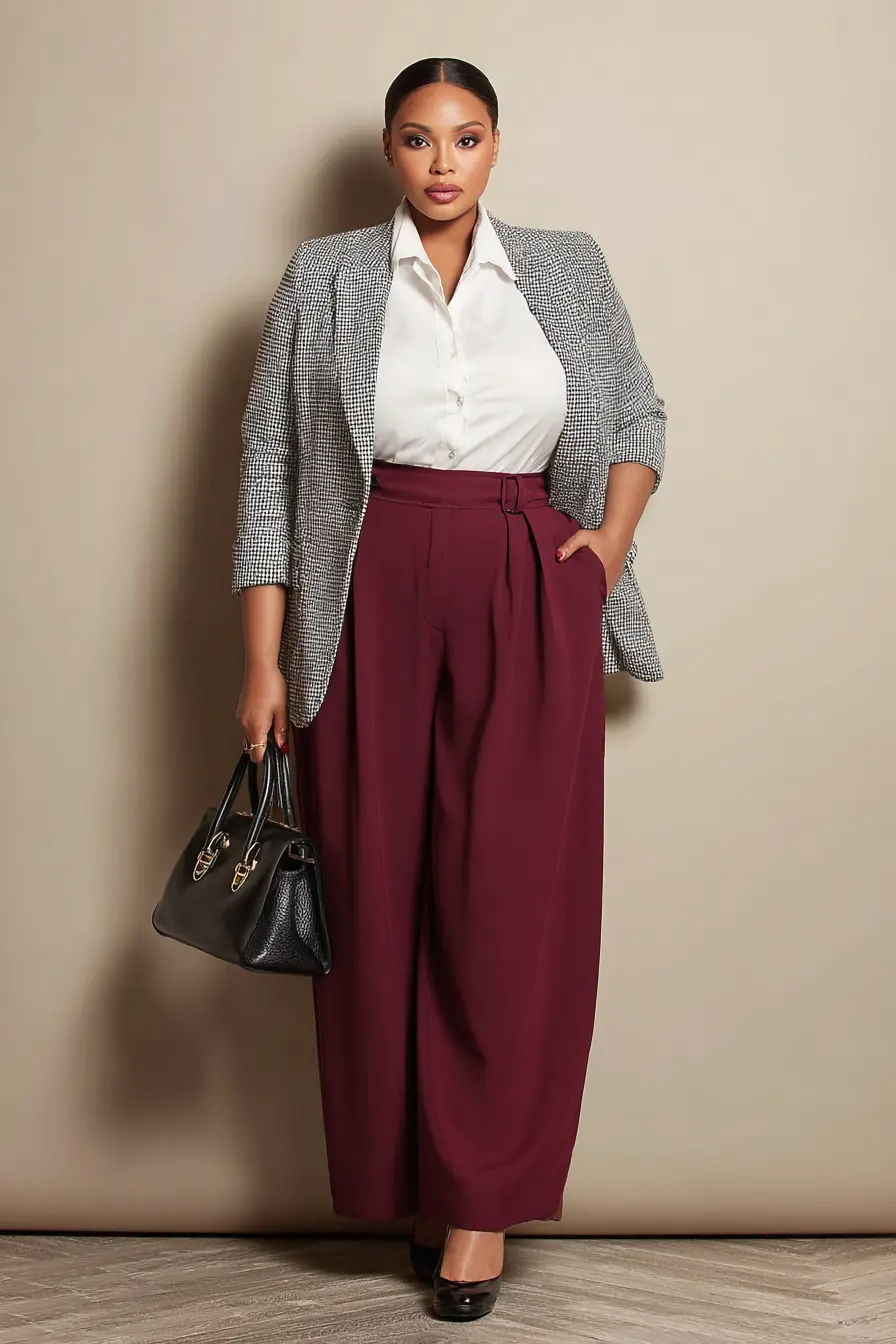 Gray Wool Blazer with Burgundy Wide-Leg Pants