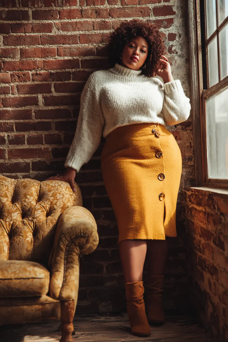 Button-Front Skirt with Cozy Sweater
