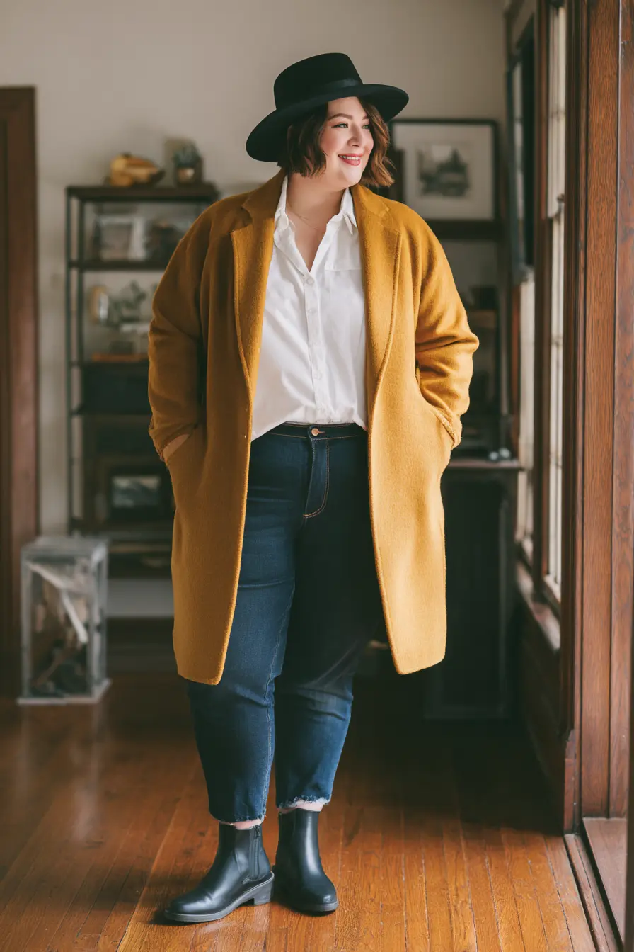 Mustard Yellow Wool Coat with Classic Denim and Boots