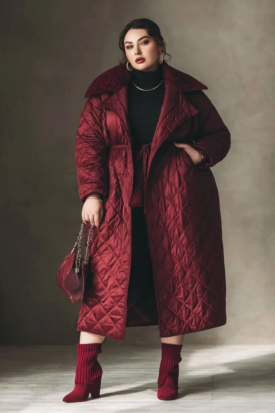 Quilted Burgundy Coat With Luxe Layers