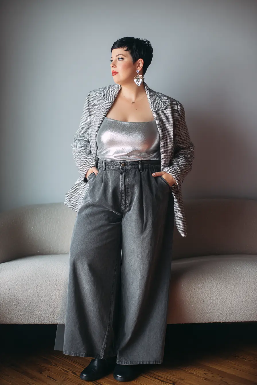 Metallic Top and Wide-Leg Denim 90s Flair