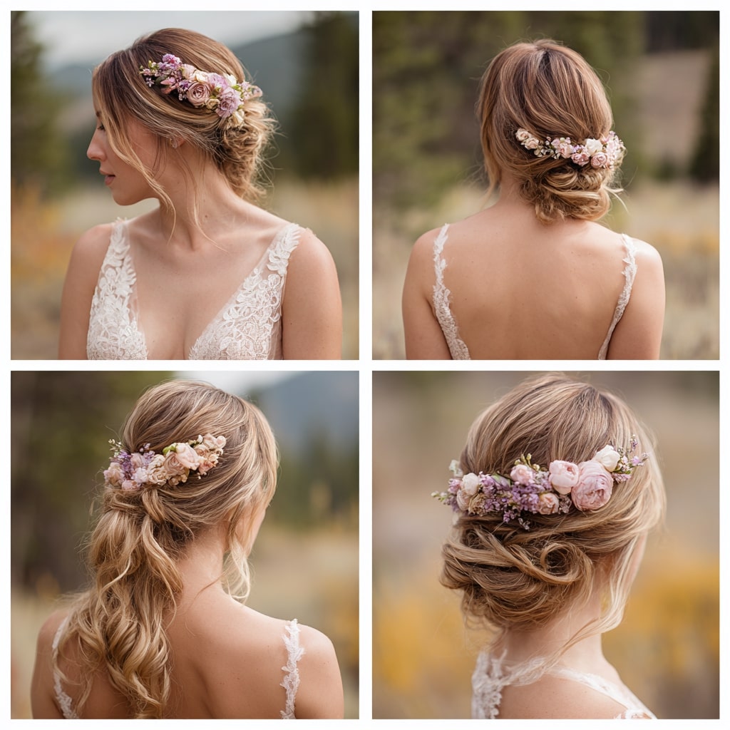 Romantic Boho Updo with Floral Crown