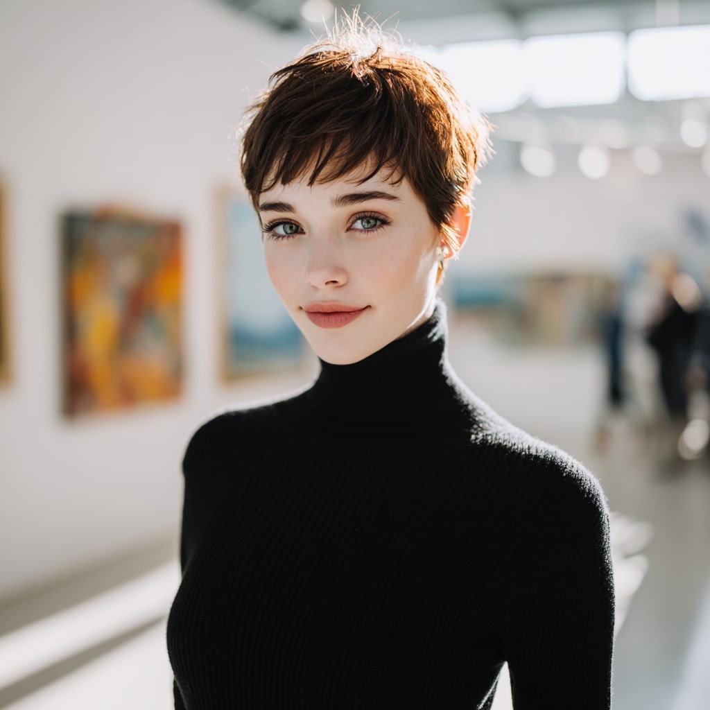 Short Brunette Pixie with Subtle Honey Balayage