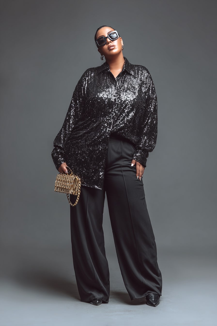 Black Sequin Glam with Wide-Leg Elegance