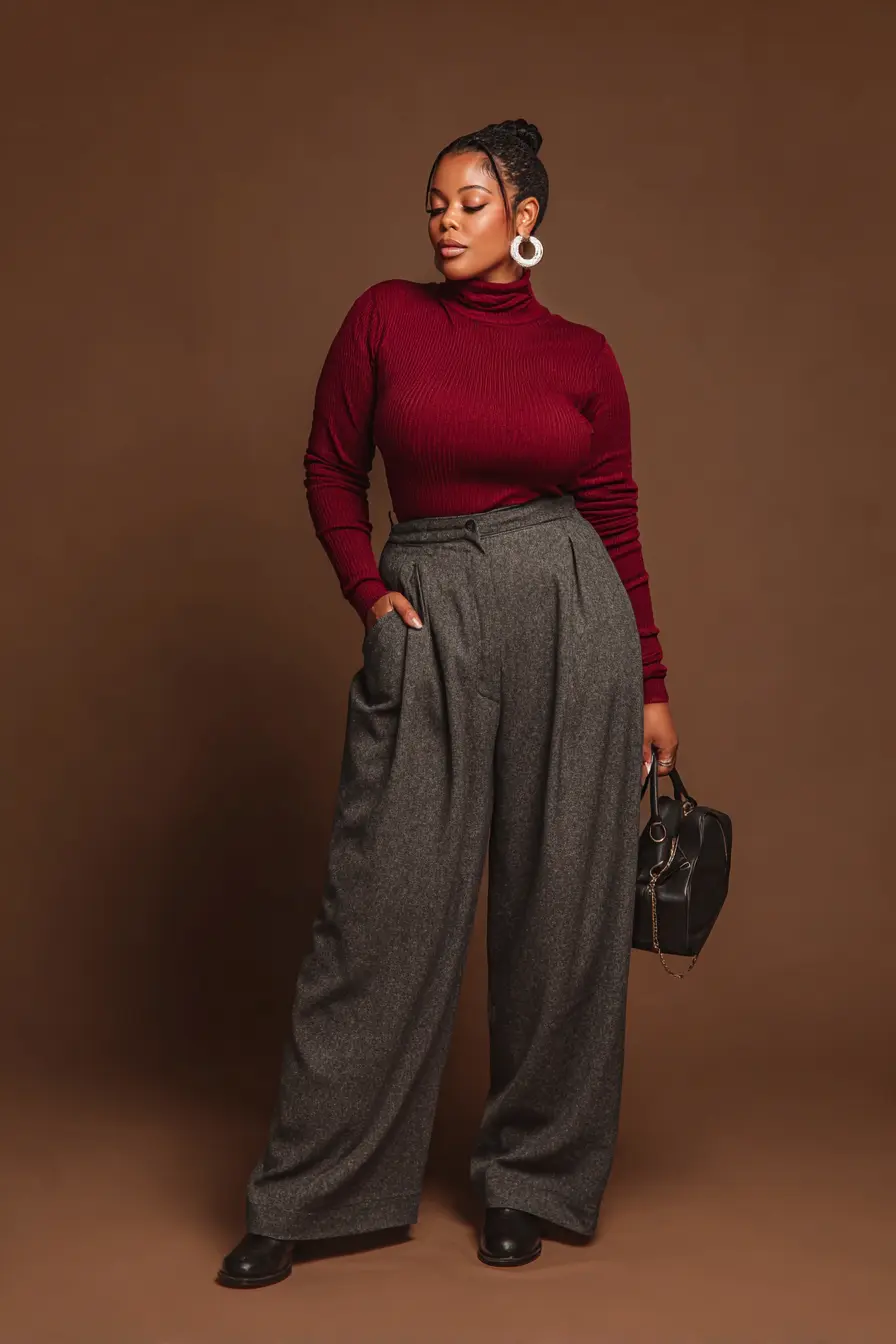 Ribbed Burgundy Turtleneck + Wide Wool Trousers