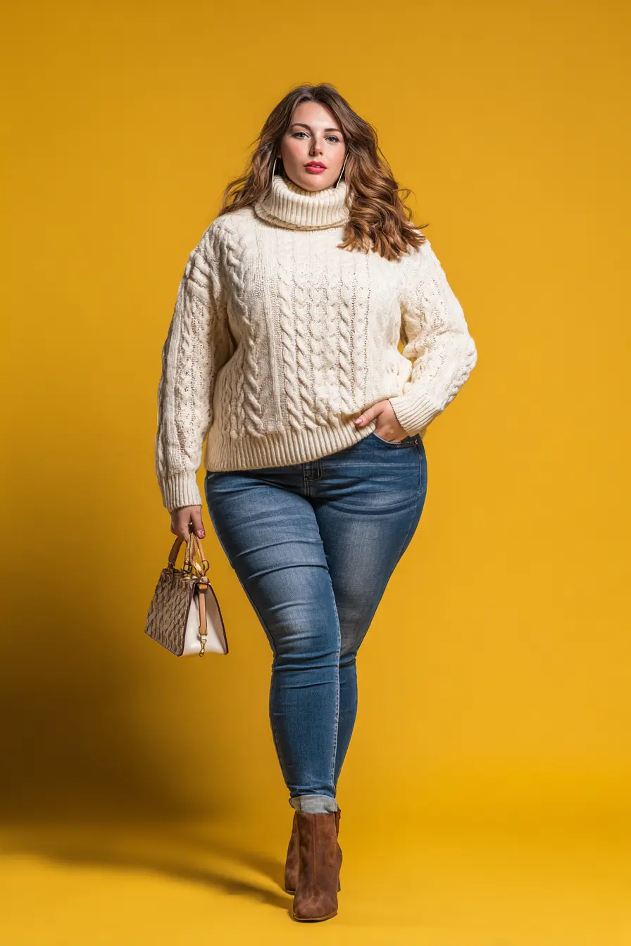 Cable Turtleneck Knit + Sleek Autumn Denim