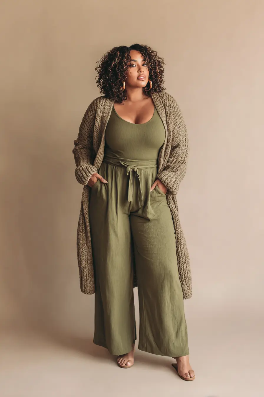 Knit Cardigan + Belted Wide-Leg Jumpsuit