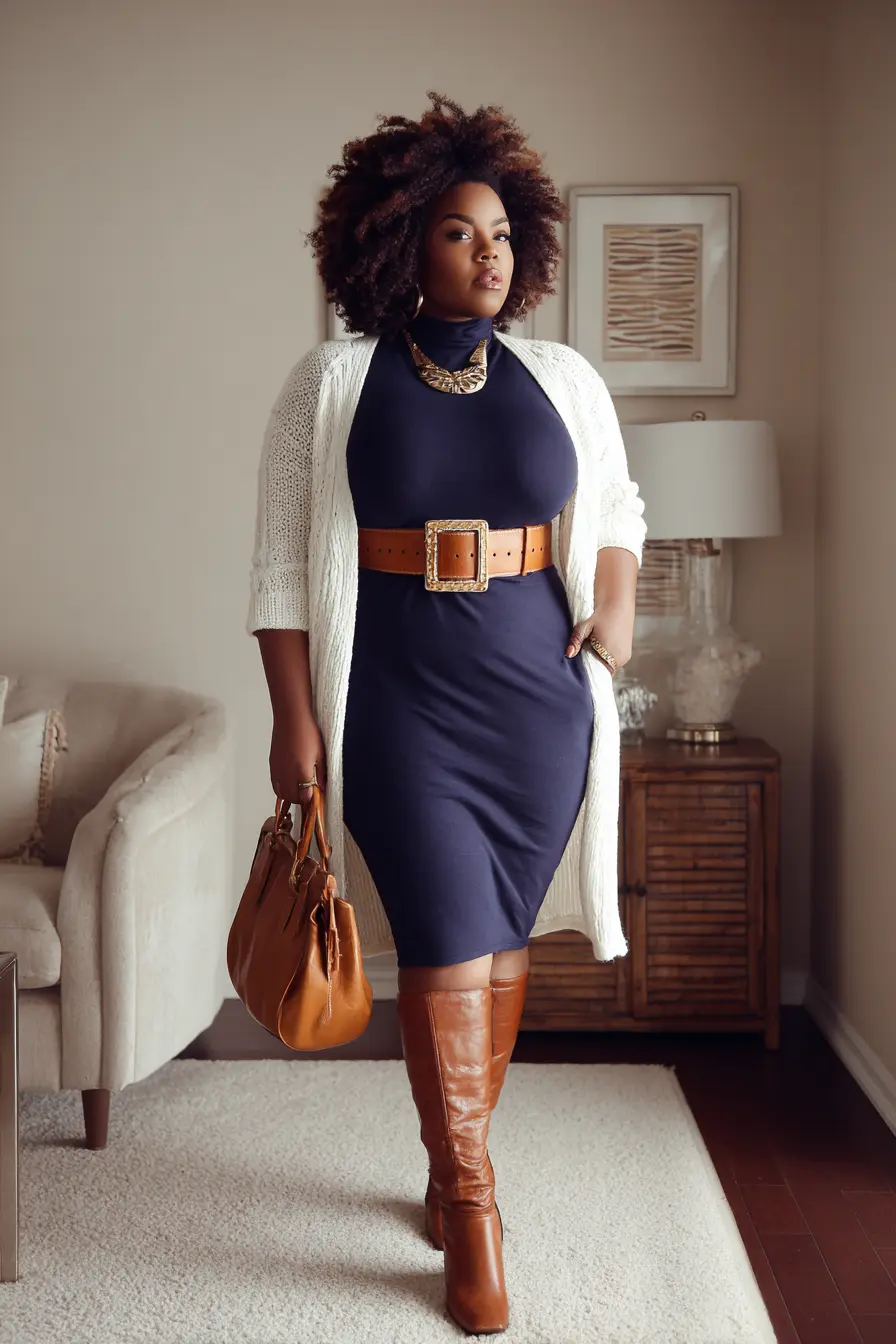 Cinched Sweater Cardigan + Belted Knit Dress