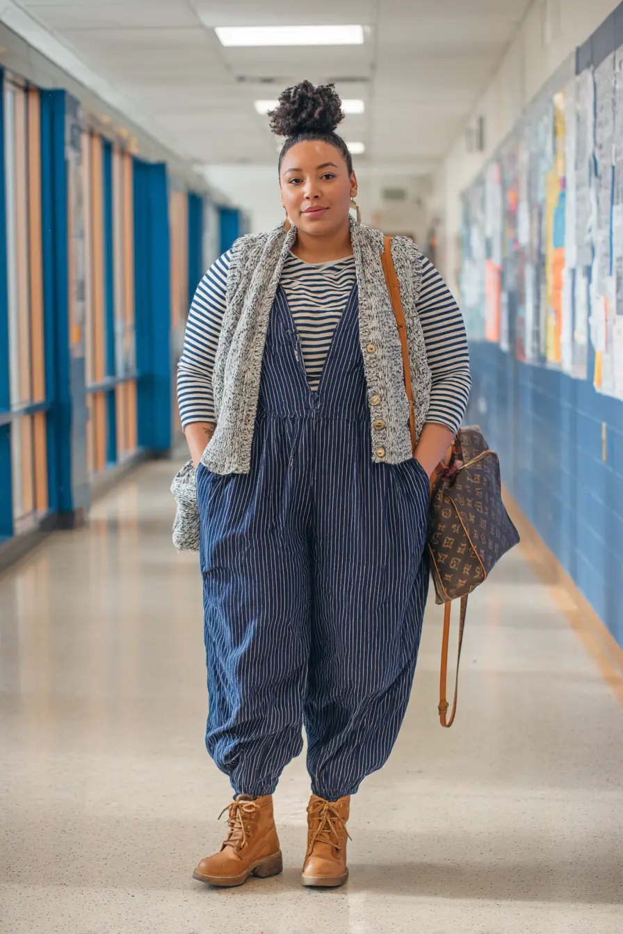Striped Jumpsuit + Textured Knit Vest