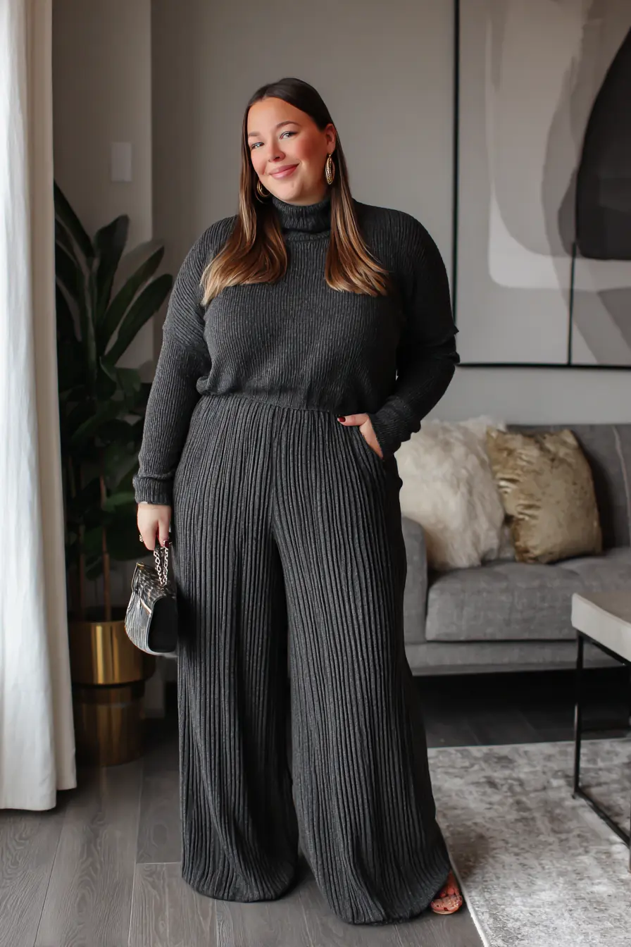 Ribbed Mock Neck Sweater + Wide-Leg Pleated Pants