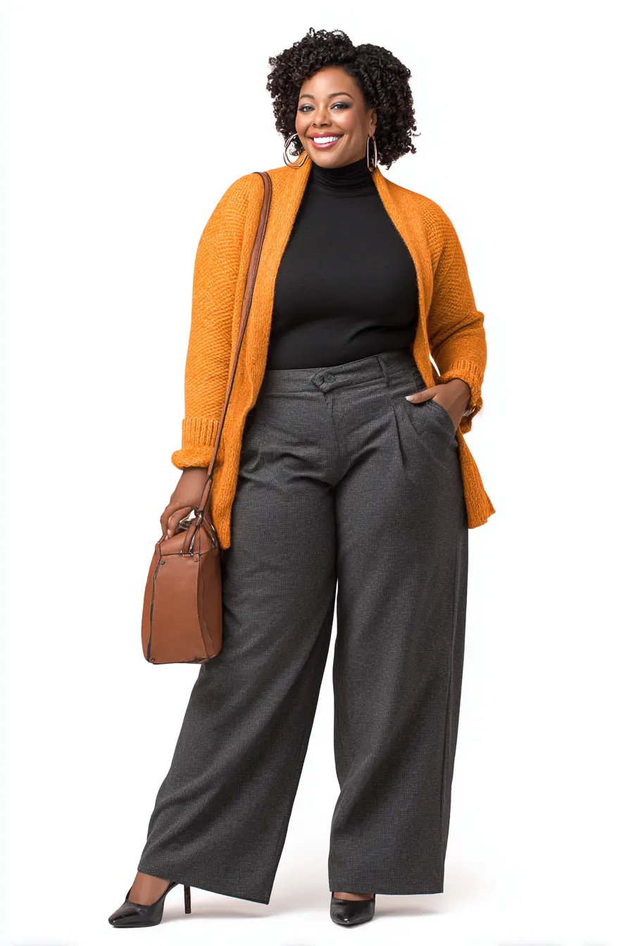 Burnt Orange Cardigan + Charcoal Wide-Leg Trousers