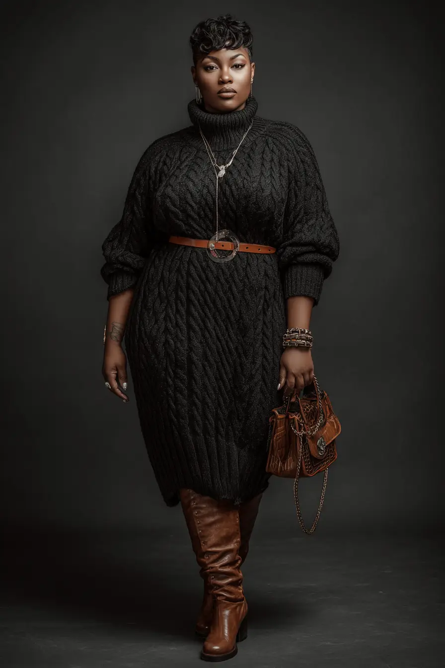 Cable-Knit Sweater Dress + Cognac Knee Boots