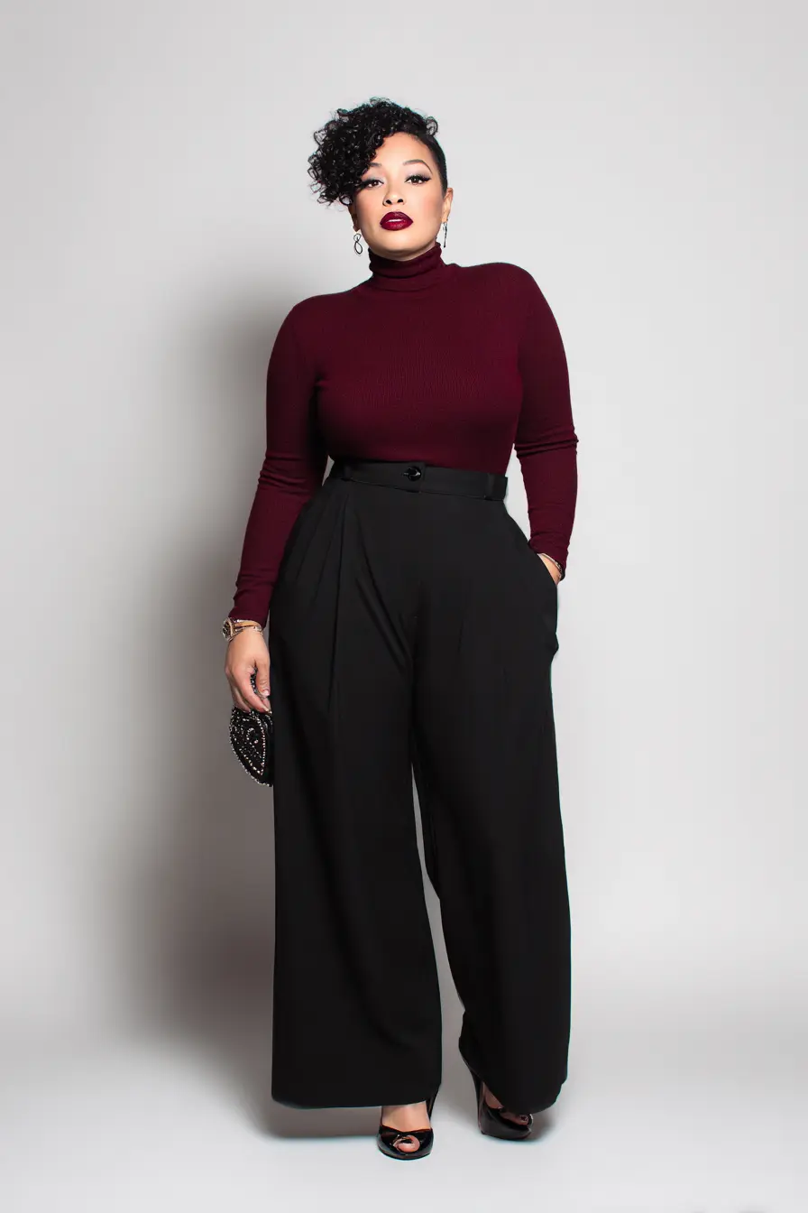 Wine Turtleneck Knit + Tailored Wide-Leg Trousers