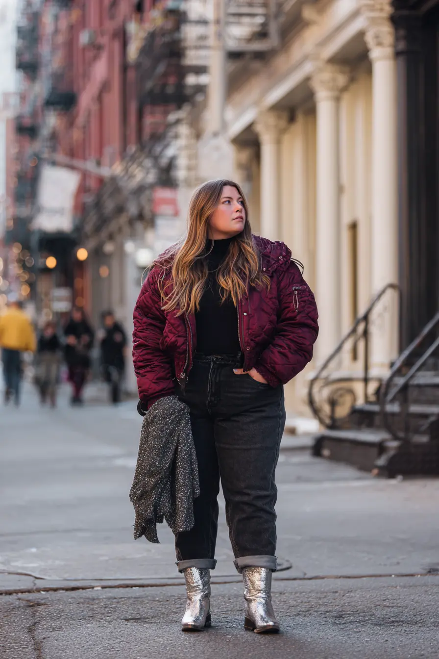 Quilted Bomber Jacket + Rolled Jeans + Silver Boots