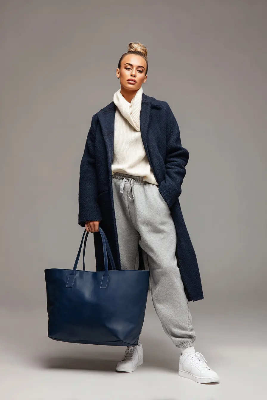 Navy Wool Coat + Gray Joggers Contrast