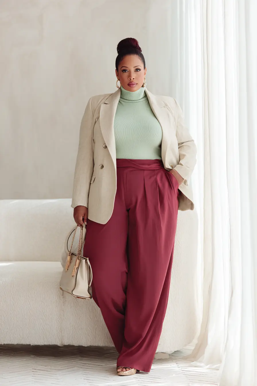 Cream Blazer + Wine Tailored Trouser