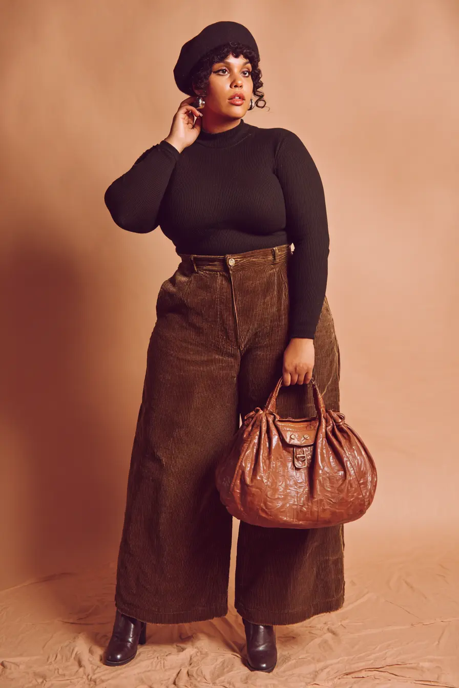 Ribbed Turtleneck + Wide-Leg Corduroy Pants
