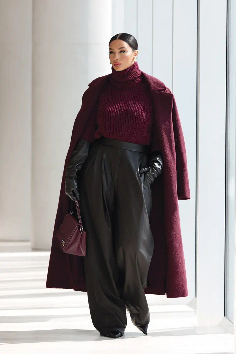 Burgundy Turtleneck + Wide-Leg Trousers