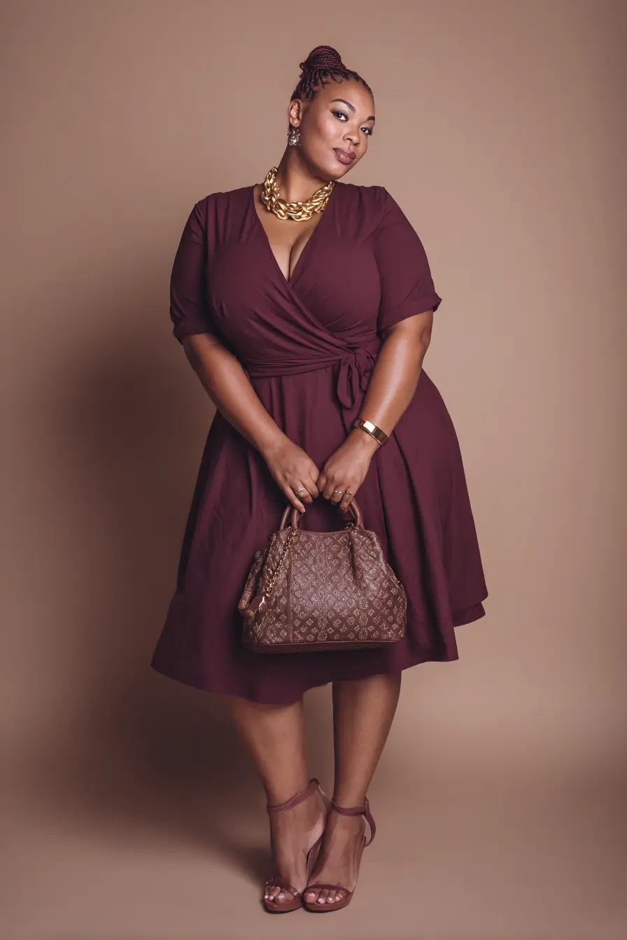 Deep Wine Wrap Dress + Gold Statement Details