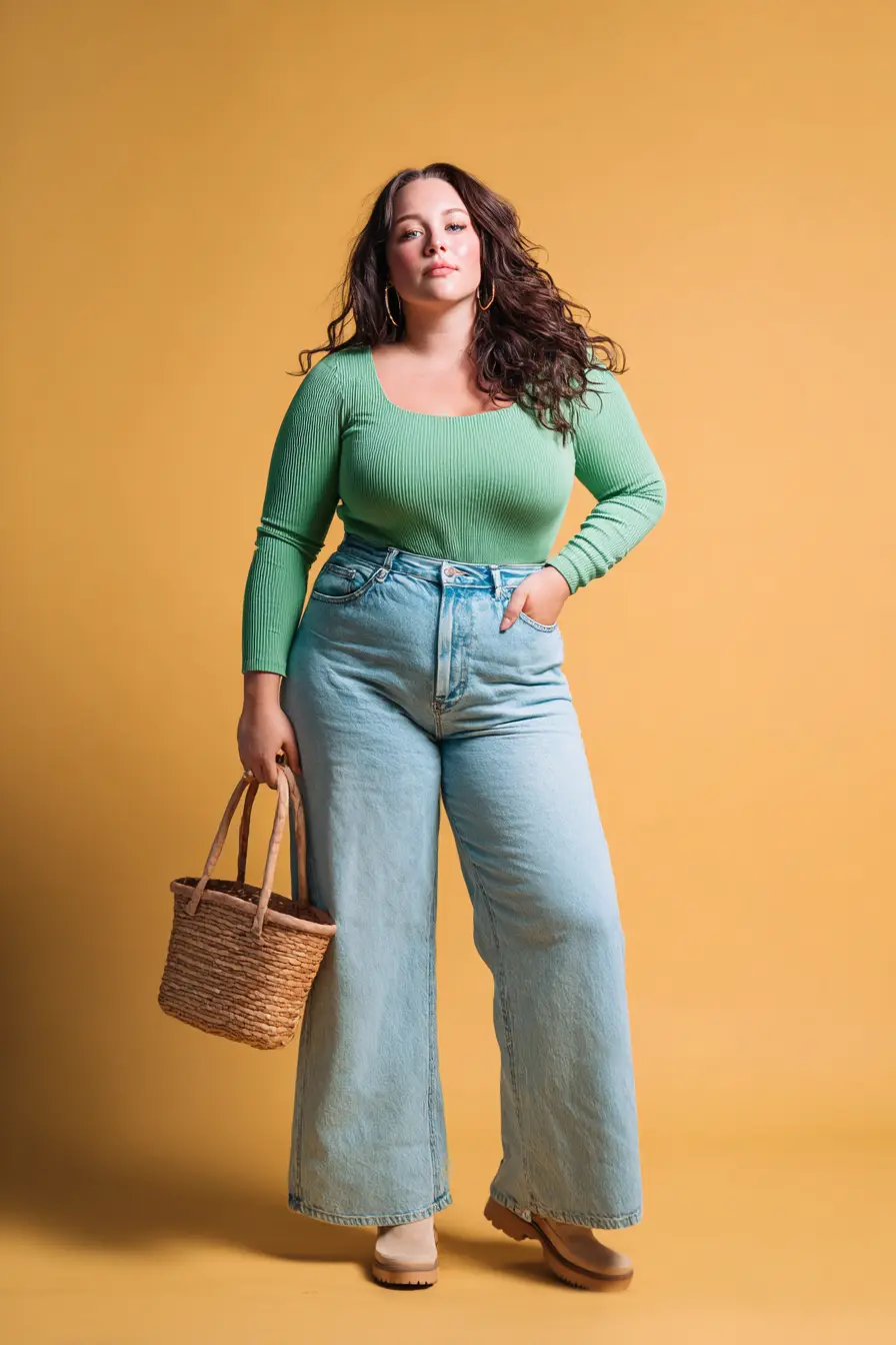 Ribbed Knit Top + Wide-Leg Denim