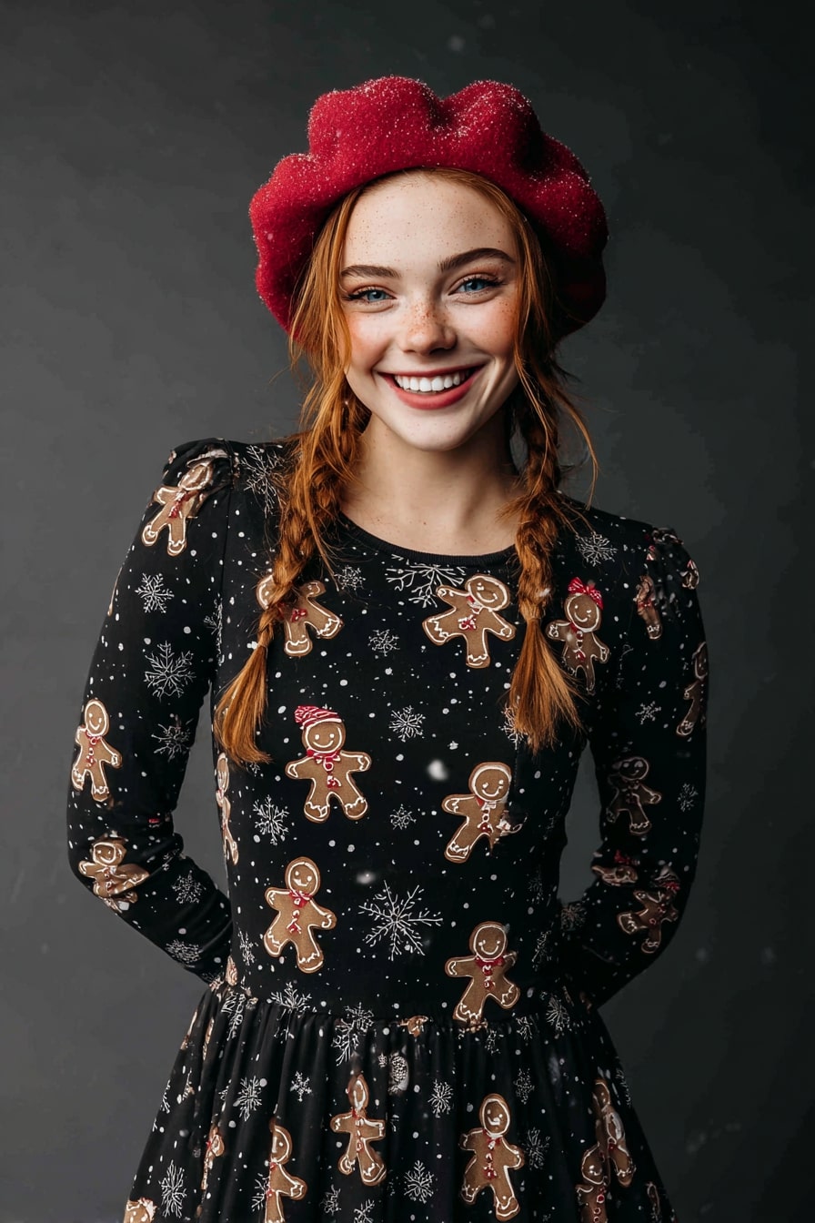 Gingerbread Print Dress + Festive Beret