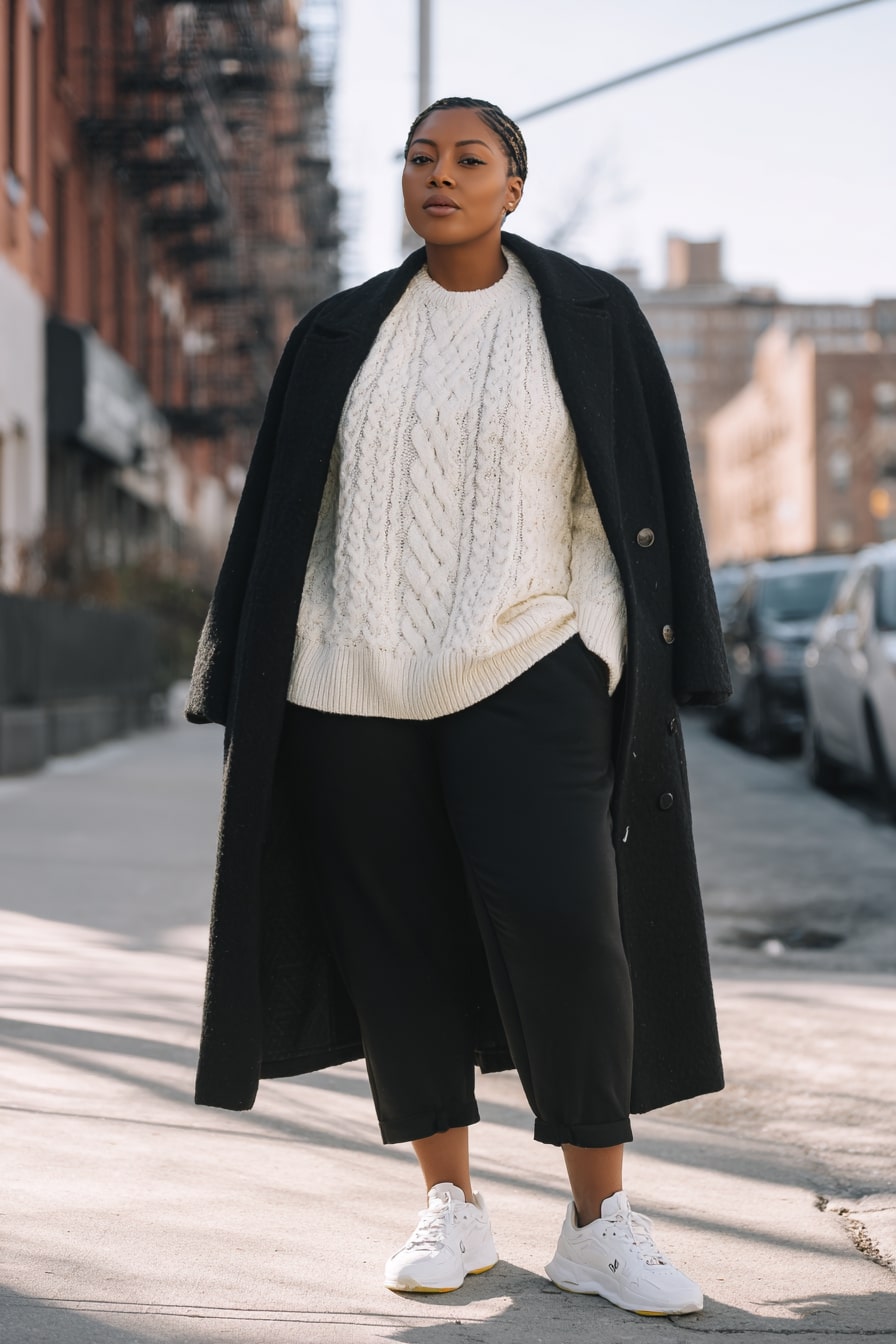 Classic Black Coat with Cable Knit Sweater