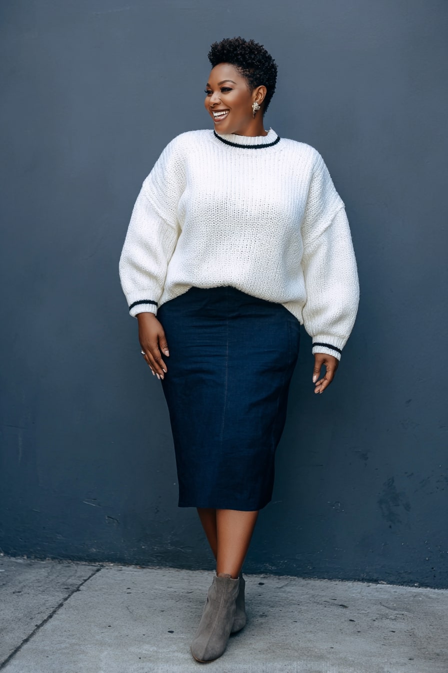 White Knit Sweater with Denim Midi Skirt
